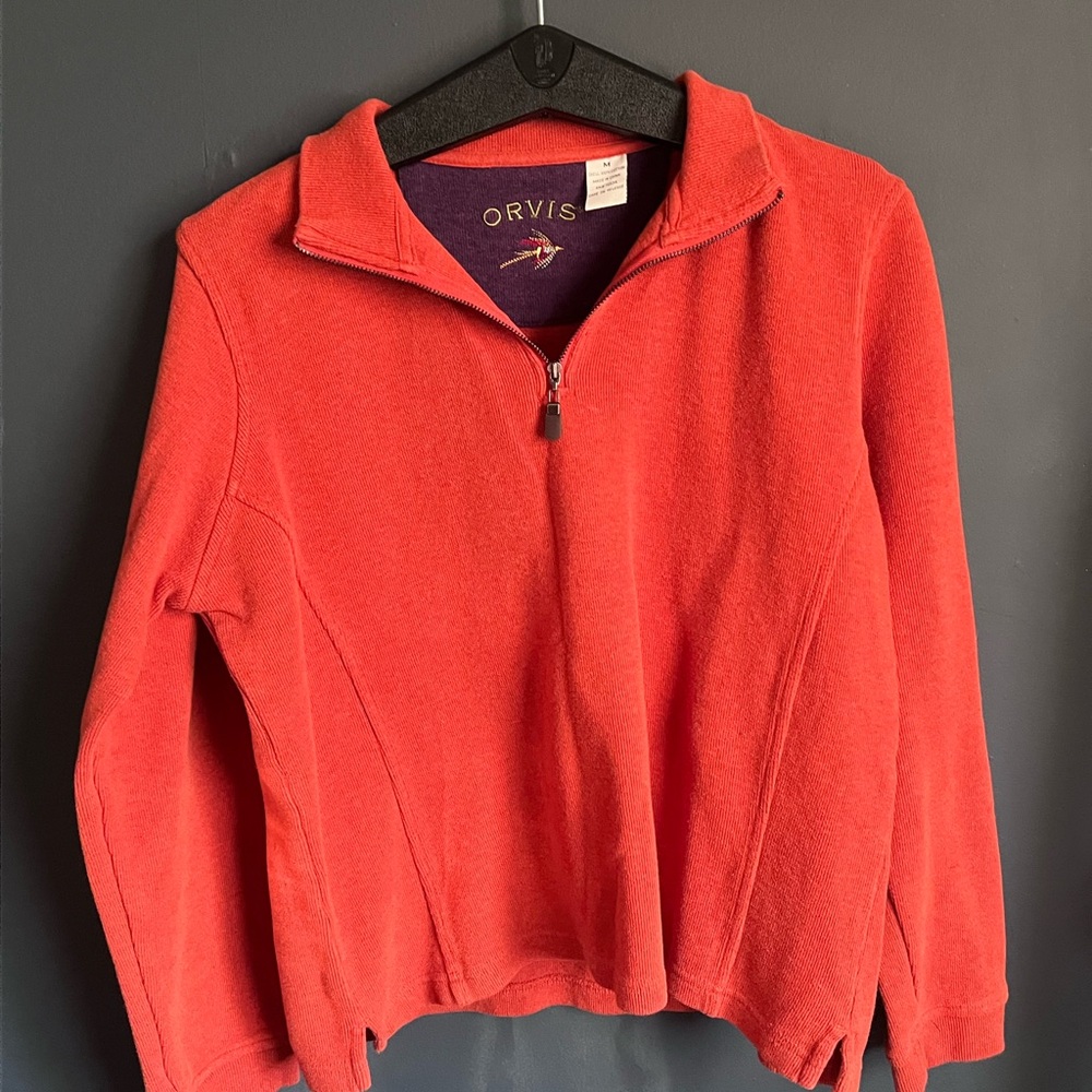 Orvis Rust and Purple Quarter-Zip Sweater Medium 100% Cotton